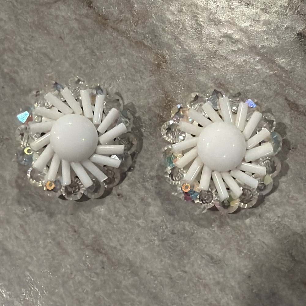 Vintage West Germany Milk Glass AB‎ Crystal Clip On Earrings